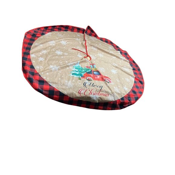 Rustic Christmas Holiday Tree Skirt Red Truck Buffalo Plaid Trim 48" Diameter - Picture 1 of 5